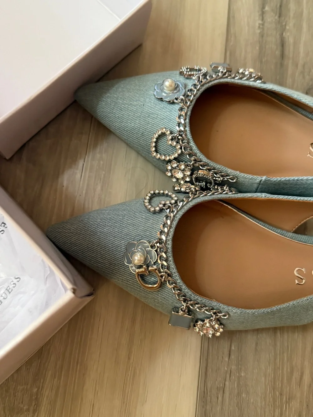 Guess Crystal-Embellished Light Blue Slingback Heels